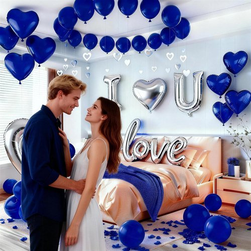 Happy Valentines Day Decorations Balloon Valentines Decorations, Happy Anniversary Decorations, I Love You Balloon for Him Silver Blue Heart Balloon, Blue Rose Petals Romantic Decoration Special Night