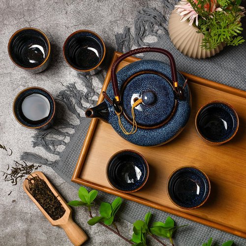 Layhit Japanese Asian Tea Set for Adults with 1 Teapot 6 Cups 1 Tray Traditional Portable Japanese Kiln Altered Glaze Porcelain Tea Set for Women Mother's Day Gifts(Blue)