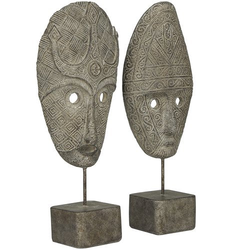 Deco 79 Polystone Mask Handmade Decorative Sculpture Carved Home Decor Statues, Set of 2 Accent Figurines 5"W, 15"H, Gray