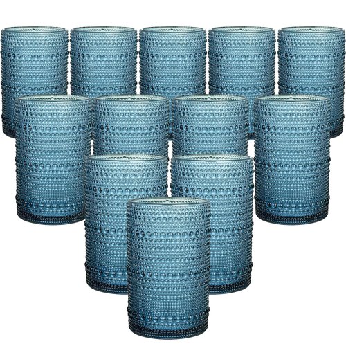 HomeVogue Vintage Hobnail Drinking Glasses Set of 12, 15oz Textured Tumblers - Embossed Blue Bar Glasses for Cocktails, Beer, Whiskey, Dishwasher-Safe Highball Cups for Kitchen, Juice & Mixed Drinks