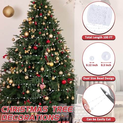 100 FT Christmas Tree Beads, 2 Sizes Artificial White Beaded Christmas Garland, Beads Strands Chain Garland Trim Roll for Xmas Tree, Plastic Hanging Beads Strands Chain for DIY Christmas Decorations