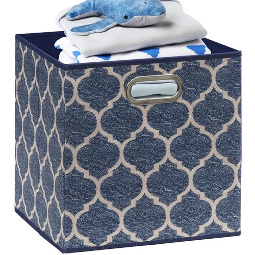 SIMPLE HOUSEWARE 11-Inch Collapsible Fabric Cube Storage Bin with Handles, Printed Design, 6 Pack, Steel Blue