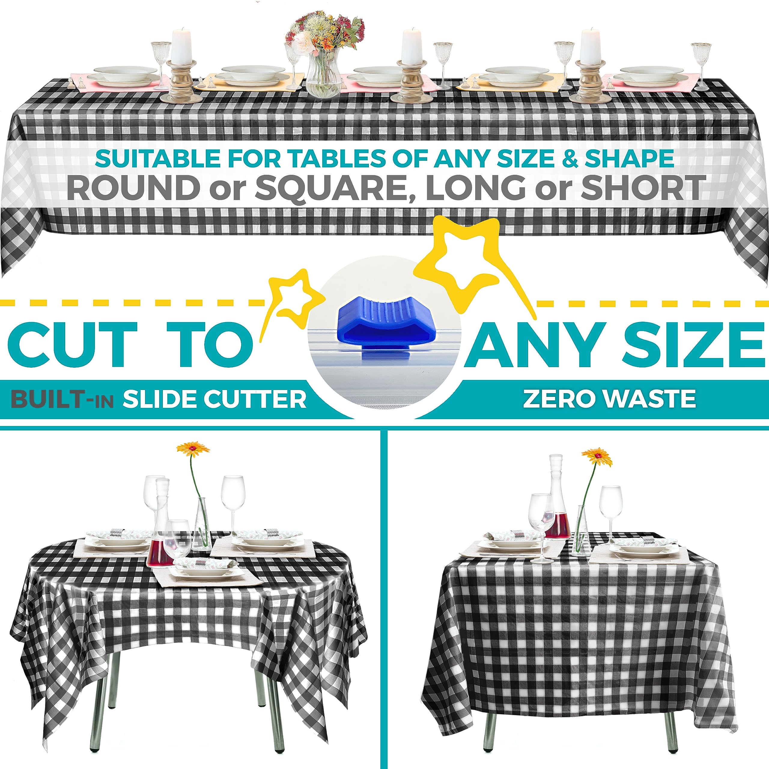 Smarty Kiddo Checkered Table Cloth Plastic Disposable Tablecloth Roll 54in X 100ft with Built in Cutter Box, Table Cover for Party, Picnic, Events Tablecloths