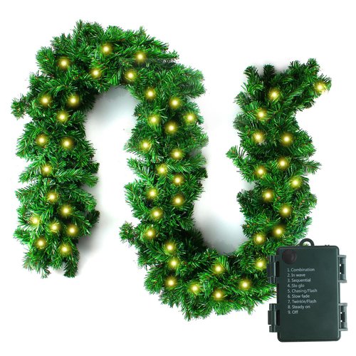 10FT Pre-lit Christmas Garland with 50 LED Lights, Battery Operated with Timer, Lush Artificial Xmas Greenery for Indoor & Outdoor Holiday Decoration, Green