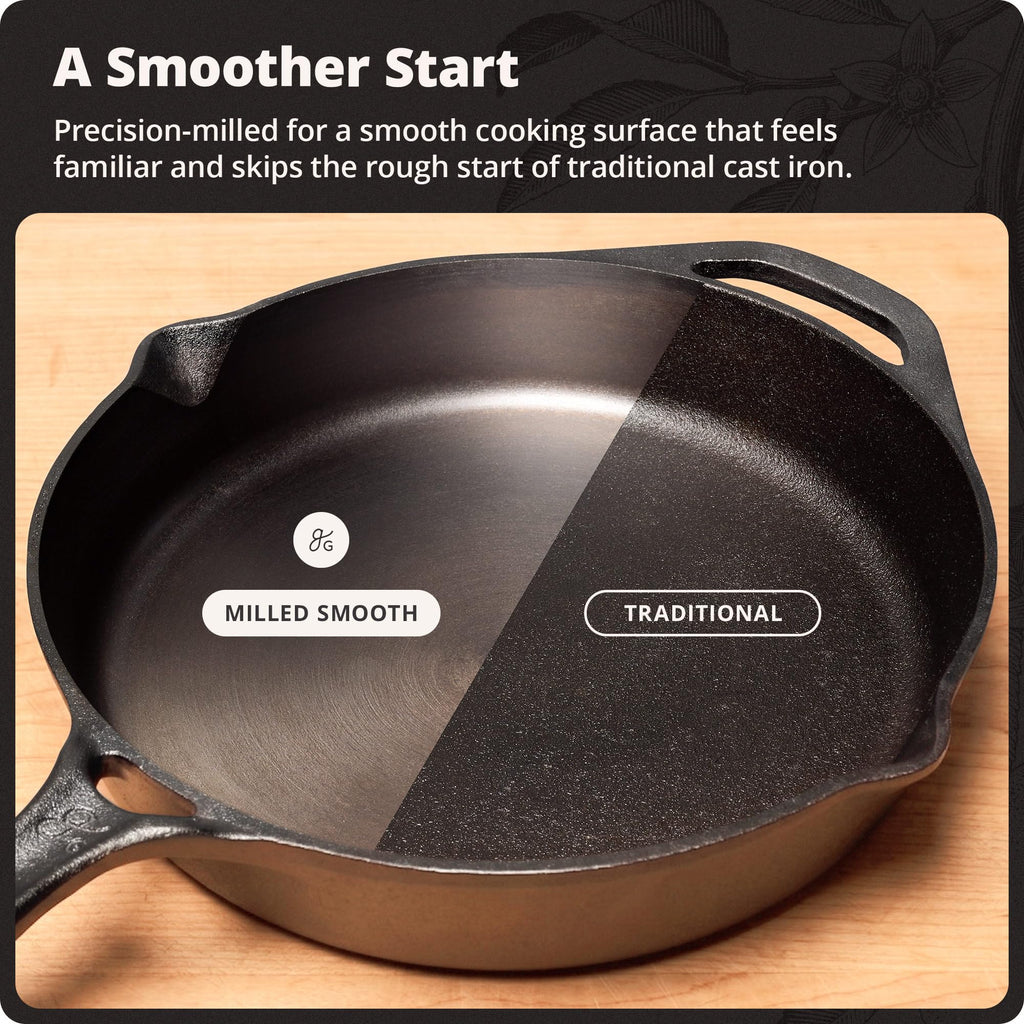 Greater Goods 10" Cast Iron Skillet, Smooth Surface, Nonstick-Like Release