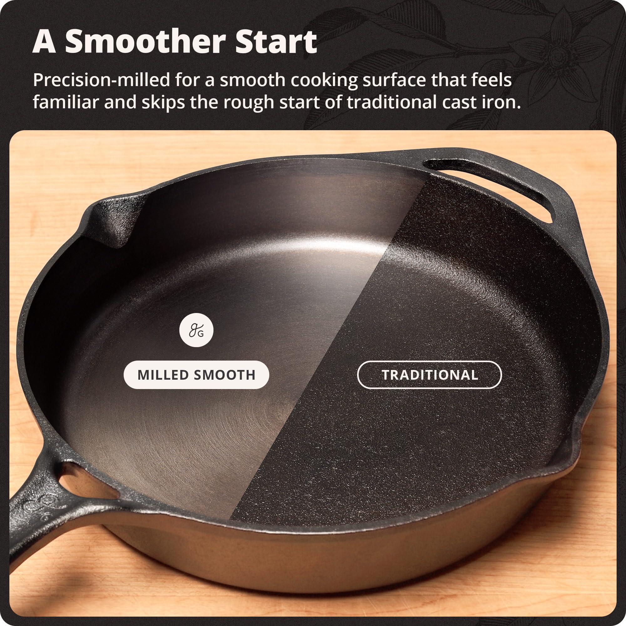 Greater Goods 10" Cast Iron Skillet, Smooth Surface, Nonstick-Like Release