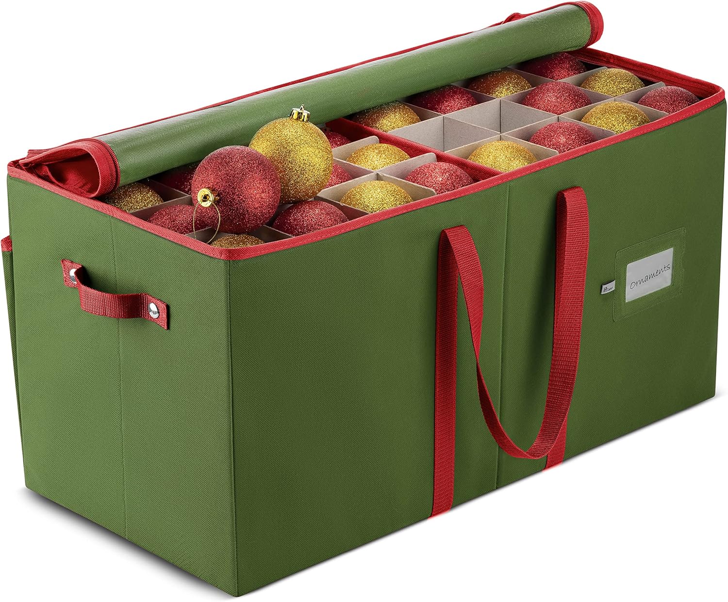 ZOBER Large Christmas Ornament Storage Box - Organizes 128 3" Ornaments with Dividers - Durable Green Container with Extra Pockets & Dual Zipper