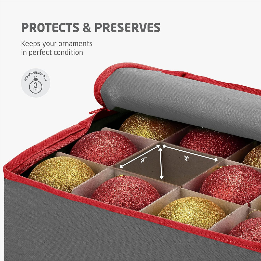 ZOBER Large Christmas Ornament Storage Box | Holds 128 3" Ornaments with Dividers - Durable Gray Organizer