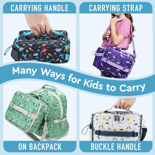 Bentgo Kids Lunch Bag - Durable, Double-Insulated Lunch Bag for Kids 3+; Holds Lunch Box, Water Bottle, & Snacks; Easy-Clean Water-Resistant Fabric & Multiple Zippered Pockets (Dinosaur)