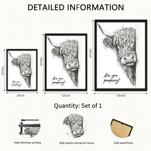 Highland Cow Art | Funny Black and White Bathroom Wall Decor - Rustic 12x16 Inch Framed Canvas Print