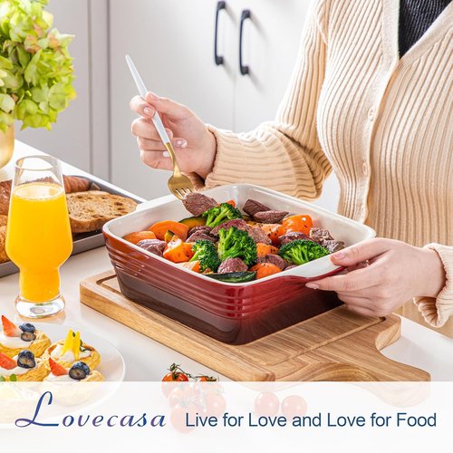 LOVECASA 8x8 Inch Non-Stick Baking Pan | 2 Quart Square Cake Dish with Handle - Red Ceramic Casserole Pan