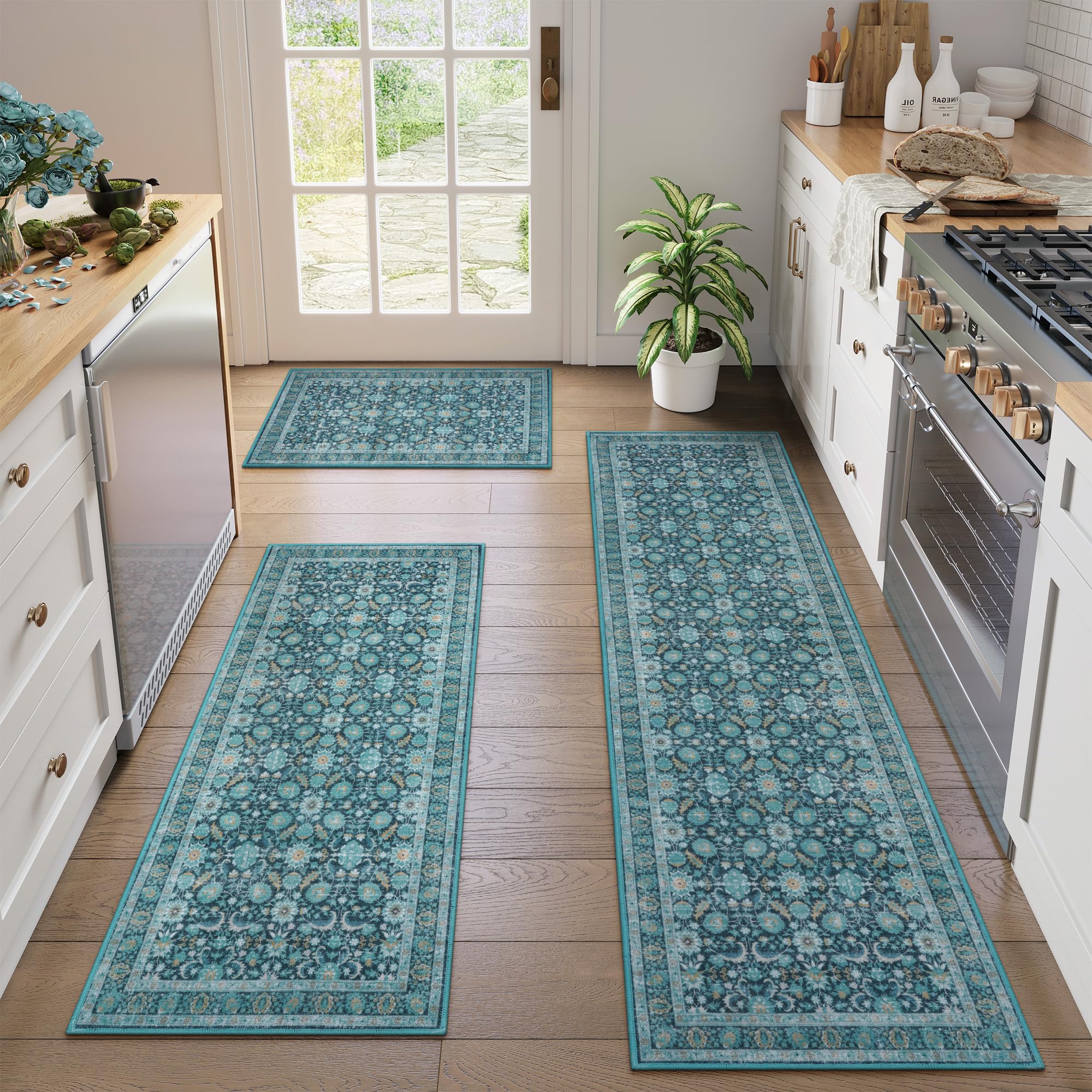 KIMODE Floral Kitchen Rugs Non Slip Washable, Farmhouse Kitchen Rugs Sets of 3, Rubber Kitchen Mats for Floor, Kitchen Runner Rug for Hallways Laundry Sink Bathroom Red 20"x32"+20"x47"+20"x71"
