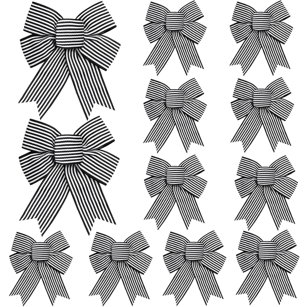 Tsorode 12 Pcs Christmas Bows for Tree,5 x 7 Inch Black and White Striped Christmas Tree Bows for Wreaths Gift Wrapping Garland, Xmas Decoration Holiday Party Decor Tree Ribbon Ornaments Crafts