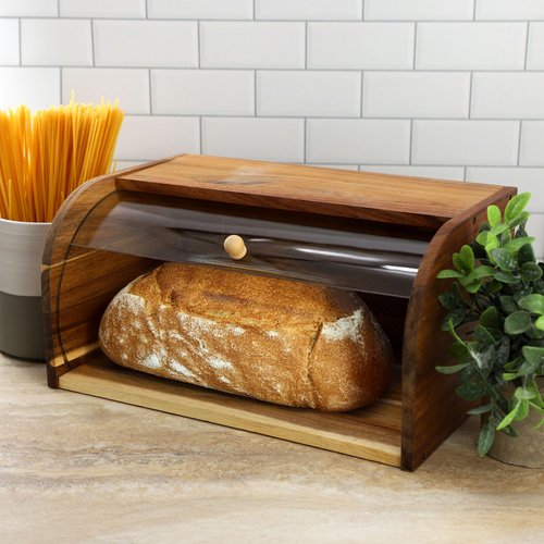 Elama Acacia Wood Bread Box with Clear Sliding Plastic Lid, Rustic Kitchen Counter Storage for Bread, Pastries, Buns & Snacks - Natural Wooden Bread Bin