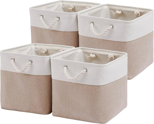 MidmmVick Cube Storage Bins - 13 x 13 Inch Collapsible Fabric Bins, 4 Pack for Home & Office (White & Beige)