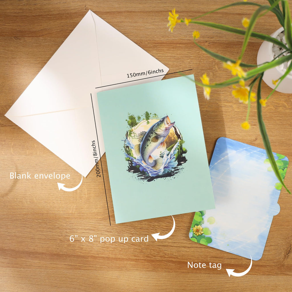 Pop Up Birthday Card Fishing, 3D Bass Fishing Popup Card For Husband, Dad, Men, Husband, Son, Brother, Grandpa, Fisherman Gift; All-Occasion Father's Day, Birthday, Outdoor, Thank You, Retirement