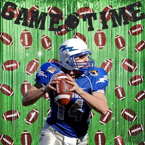Football Party Decorations Backdrop 3.3x6.6 Ft Football Foil Fringe Curtain Sports Birthday Party Decorations Supplies with Game Time Banner