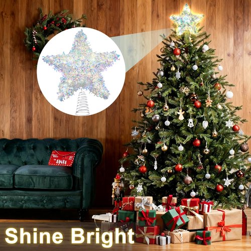 LAWOHO Christmas Tree Topper Star, Exquisite Christmas Decor, 10 Inch Shiny Iridescent Christmas Tree Decoration with 6H Timer, 20 Warm LED Lights for Xmas Tree, Holiday & Party, Indoor Decor