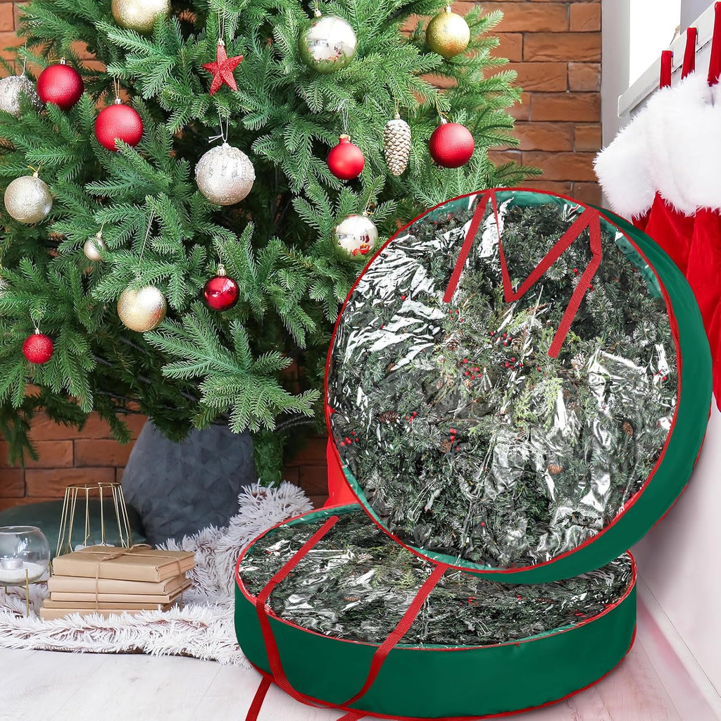 Abbylike Extra Large Christmas Wreath Storage Bag - Clear Zippered Container with Handles | 48'' Green
