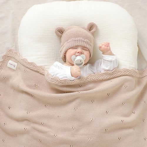LAWKUL Baby Blanket & Beanie Hat Set 100% Organic Cotton Newborn Swaddle Beanie Soft Cozy for Infants Boy Girl Gift Pink