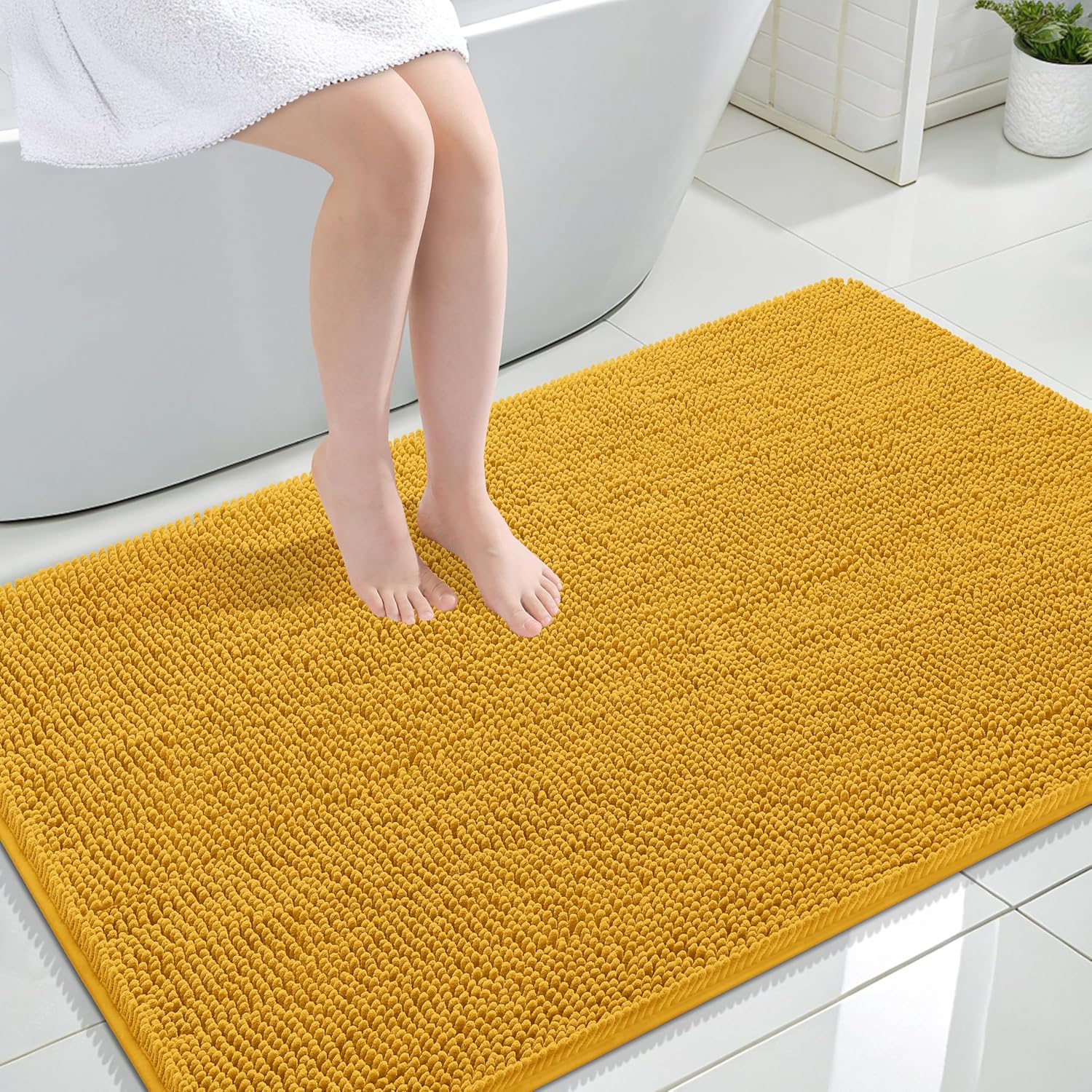 OLANLY Large Chenille Bathroom Rugs - Soft, Absorbent & Quick-Dry | 47x32, Rubber Backing, Golden Yellow