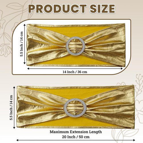 MDS Spandex Foil Chair Sashes - Universal Elastic Stretch Ties with Buckle for Weddings | Metallic Gold - Pack of 50