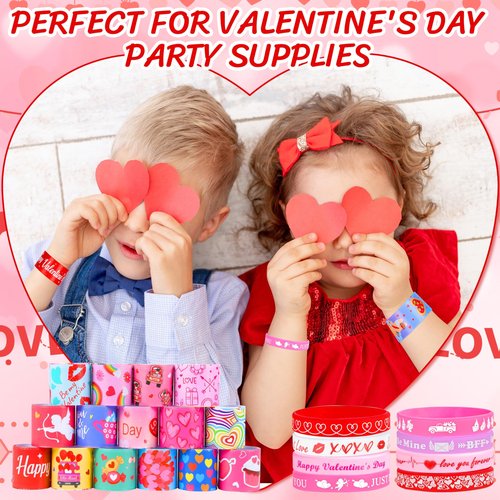 OCTERIC 64 Pcs Valentine's Day Slap Bracelets with Rubber Wristbands, Love Cute Valentine Exchange Gifts for Classroom Party Favors Valentine Decorations School Prizes