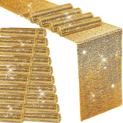 Mixweer 24 Pcs 12 x 108 Inch Gold Sequin Table Runners Bulk Glitter Table Runners Decorations for Birthday Party Wedding Engagement Holiday Celebration Supplies
