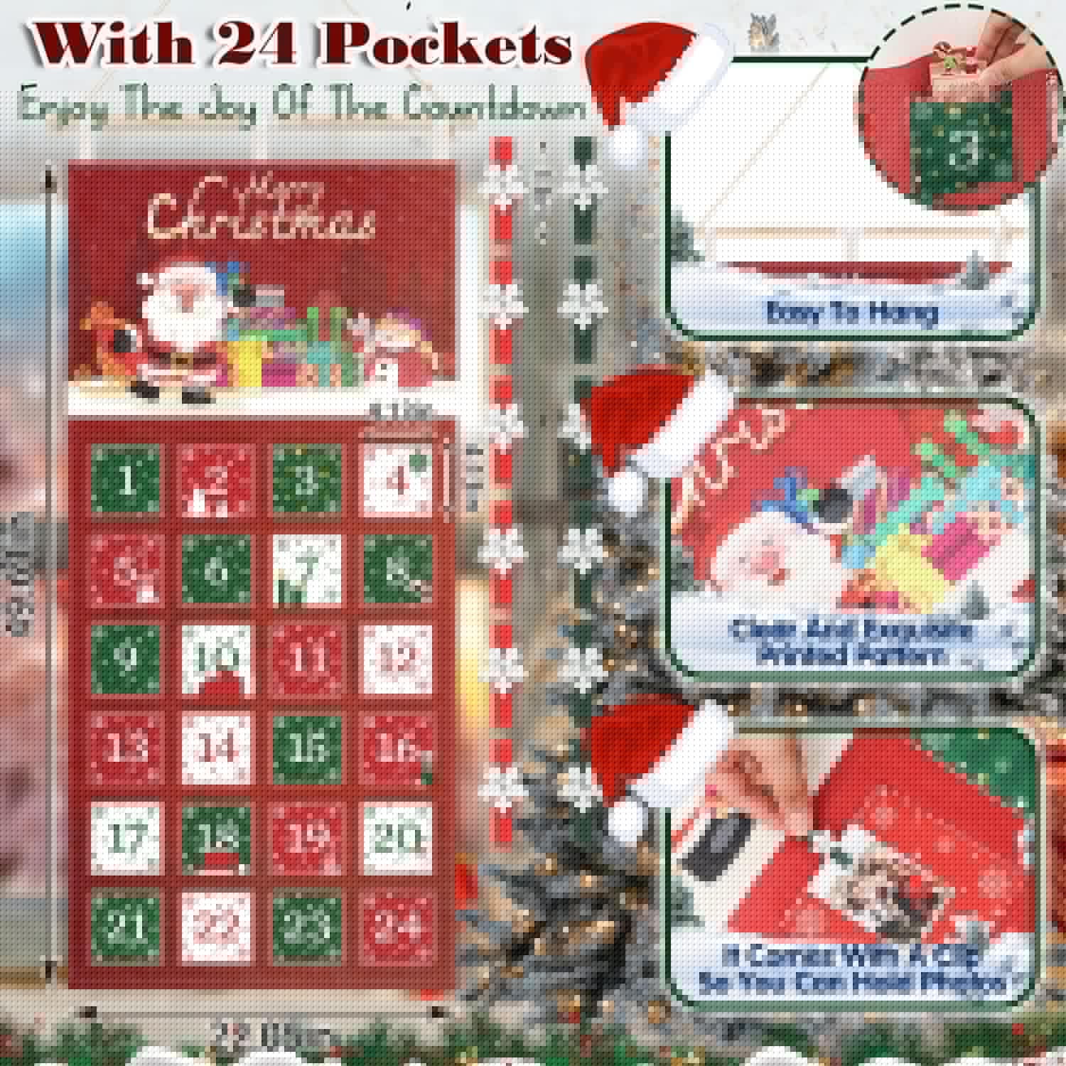 Weysat Christmas Fabric Advent Calendar - Reusable 24-Day Countdown Wall Hanging with Pockets & Clips | Santa Claus Design