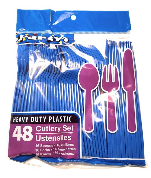 1 OM Blue & Red Team Colors Disposable Silverware Collection - 96 Piece Plastic Cutlery Set - 32 Spoons, 32 Forks, 32 Knives - 1 pack of 48 pieces in each color (Total 96 pieces)