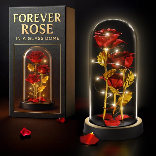 Glass Rose – LED Rose in Glass Dome Flower Lights, Romantic Flowers Roses for Home Decor, Valentine's Day & Birthday Gifts for Women | Home Decor Gifts for Girlfriend – Elegant Lighting Solution