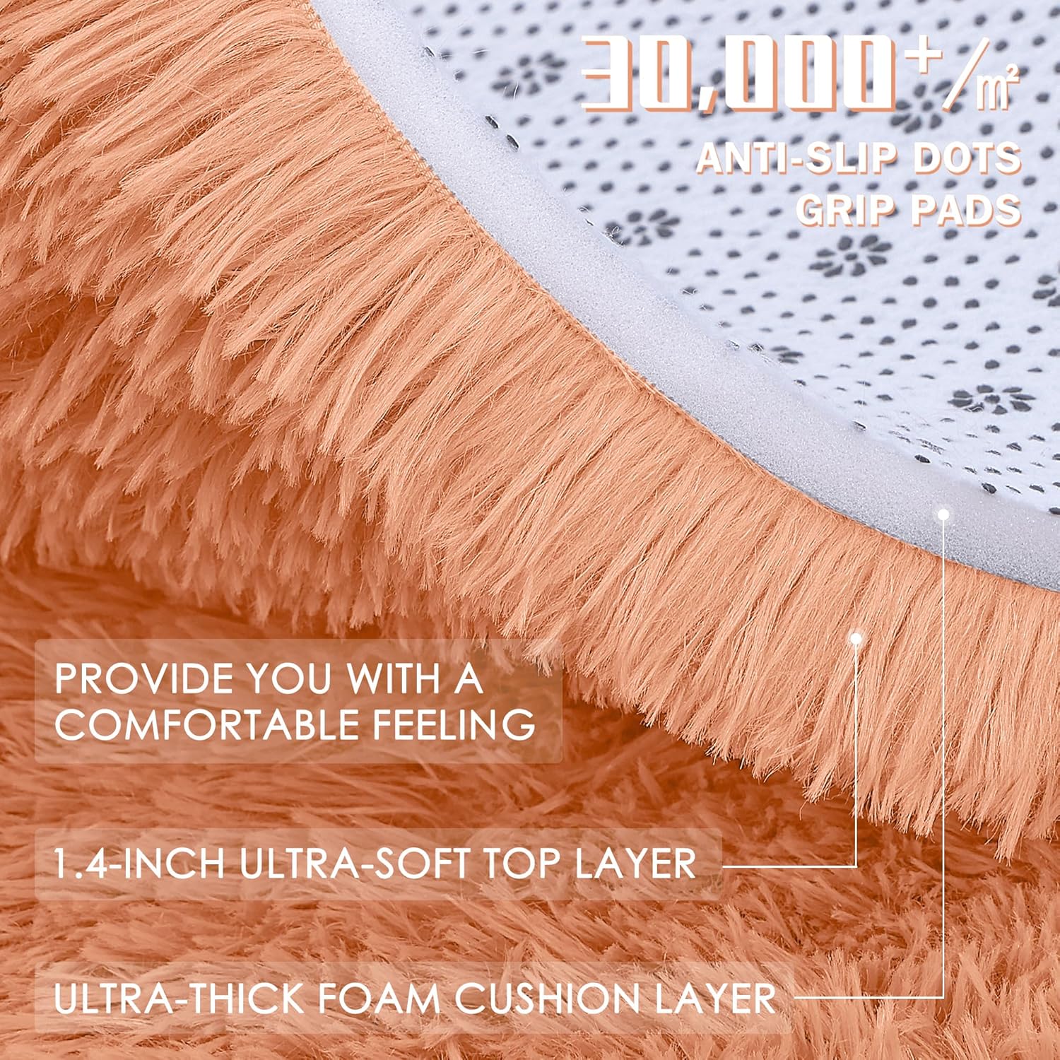 OLANLY Round Area Rug - Soft Muted Orange Shaggy Carpet, 2 ft Circle for Bedroom & Living Room Decor