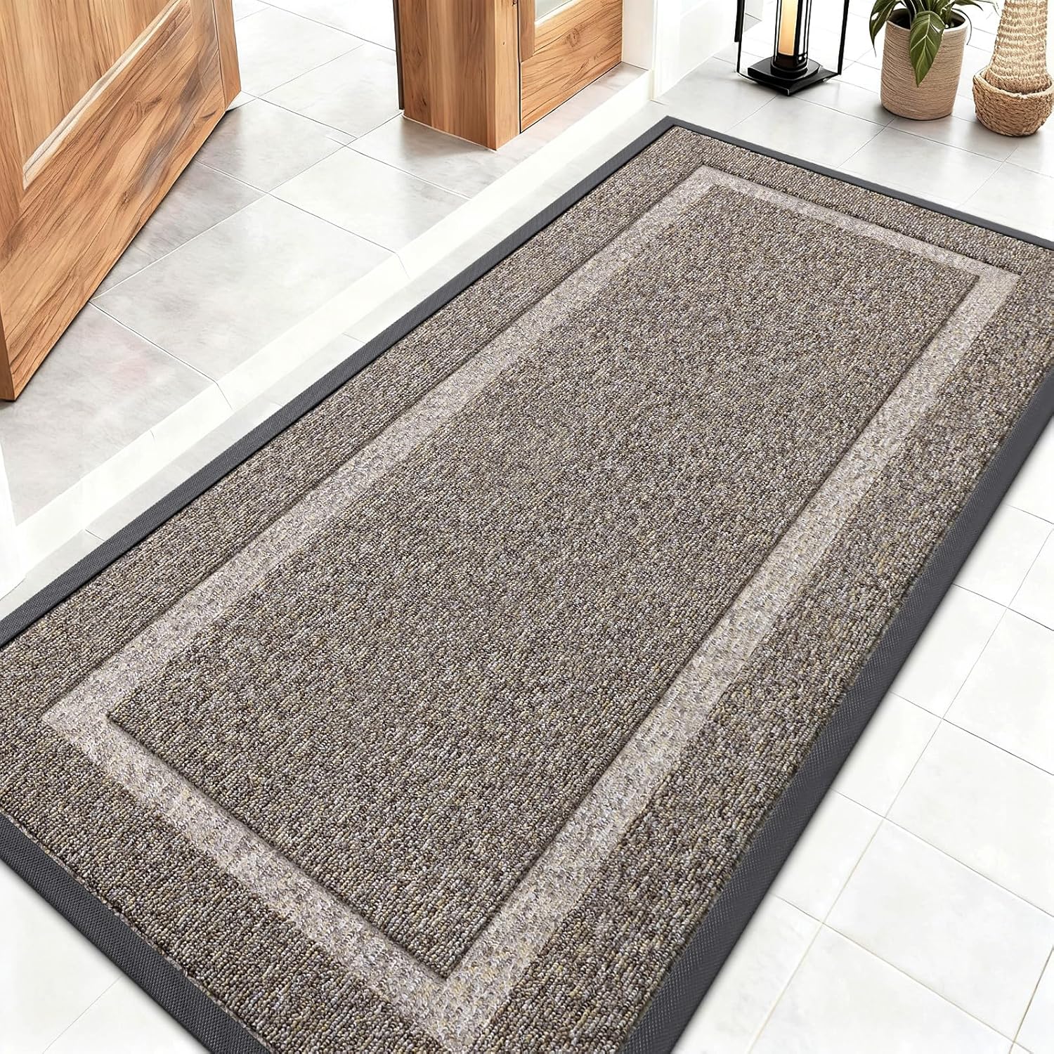 OLANLY Waterproof Front Door Mat - All-Season Natural Rubber Doormat | Easy Clean, Low Profile, 47x23, Khaki & White