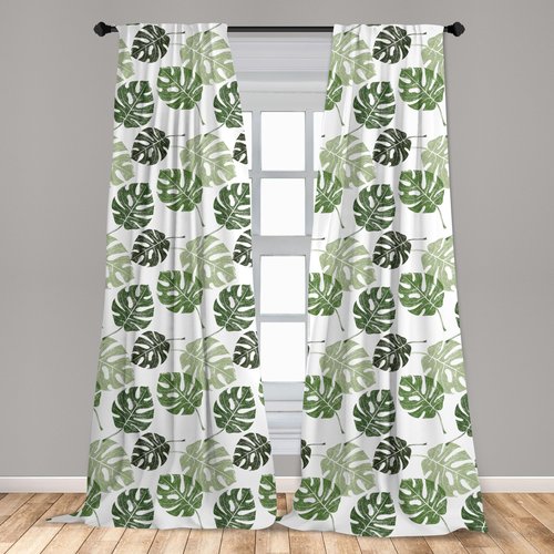 Ambesonne Monstera Window Curtains Pack of 2, Tropical Jungle Foliage Hawaiian Nature Growth Sketchy Leaves Environment Eco, Lightweight Set with Rod Pocket, 4 Panels of - 28" x 84", Green and White