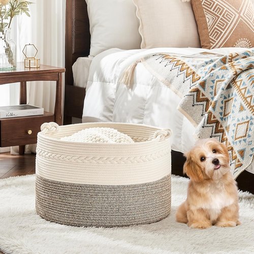 KAKAMAY Large Cotton Rope Blanket Basket - Stylish Storage for Baby Laundry & Toys | 20"x13" White/Beige