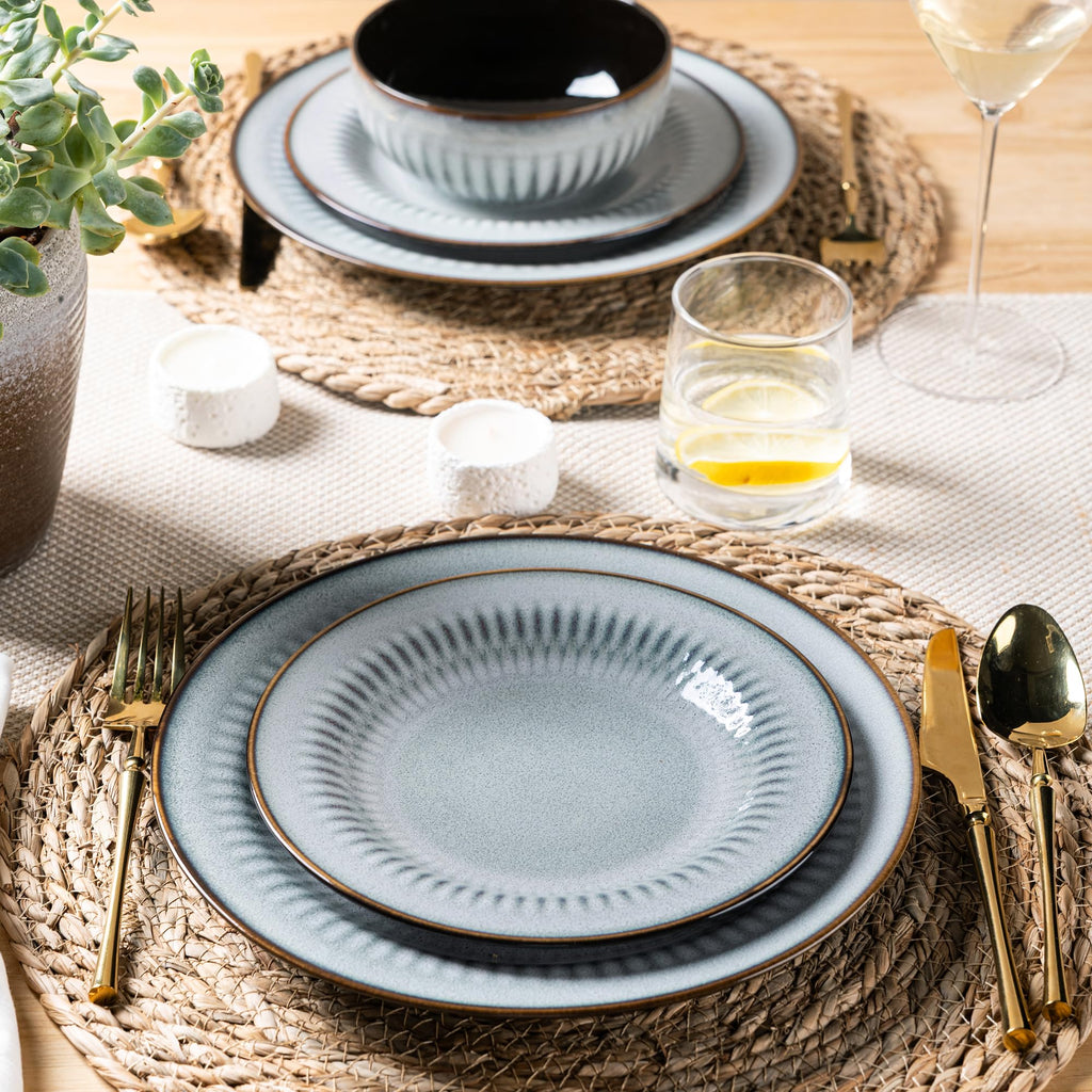 LERATIO Ceramic Dinnerware Sets,Handcraft Embossed Stoneware Plates and Bowls Sets,Highly Chip and Crack Resistant | Dishwasher & Microwave & Oven Safe Dishes set,Service for 4 (12pc)-Gray White