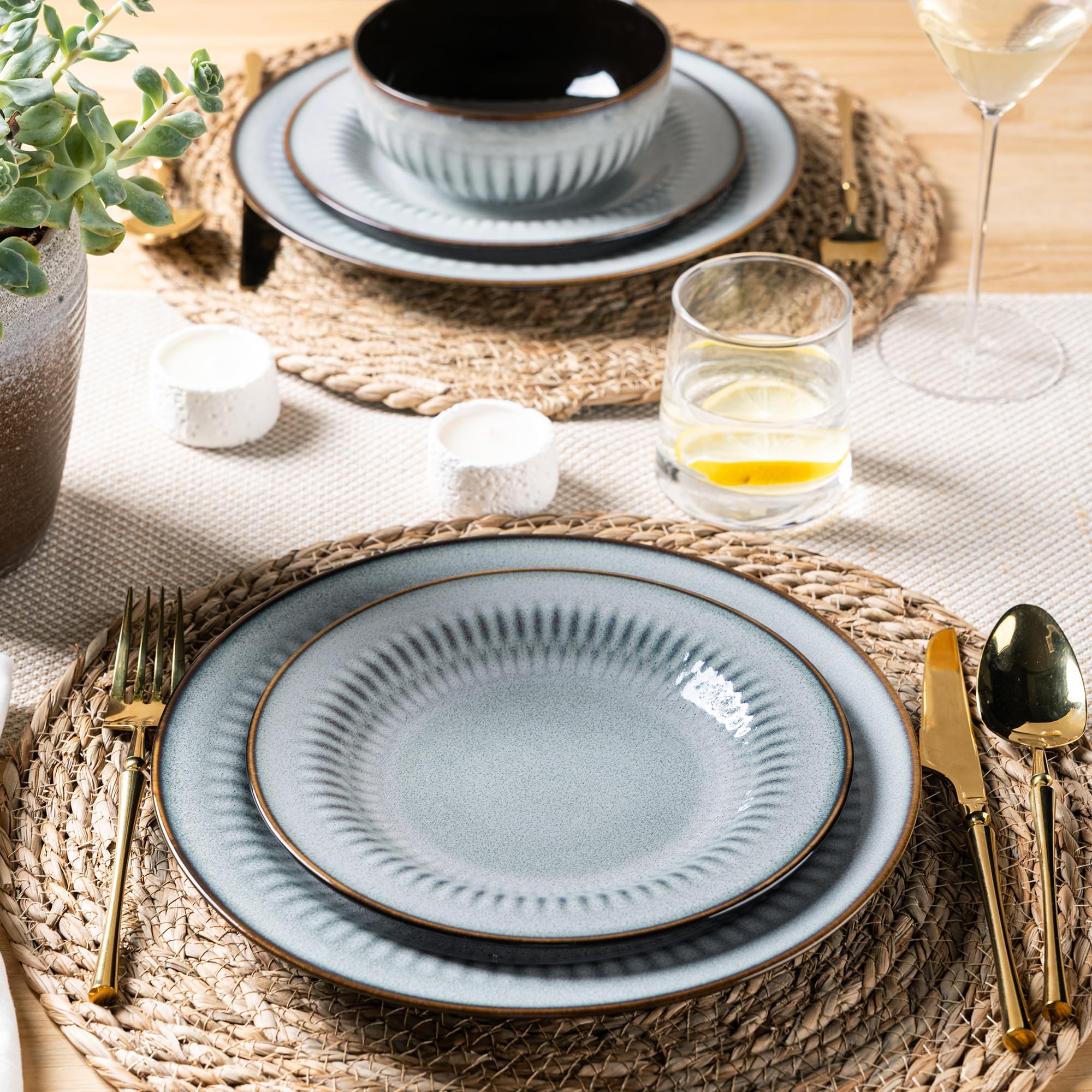 LERATIO Ceramic Dinnerware Sets,Handcraft Embossed Stoneware Plates and Bowls Sets,Highly Chip and Crack Resistant | Dishwasher & Microwave & Oven Safe Dishes set,Service for 4 (12pc)-Gray White