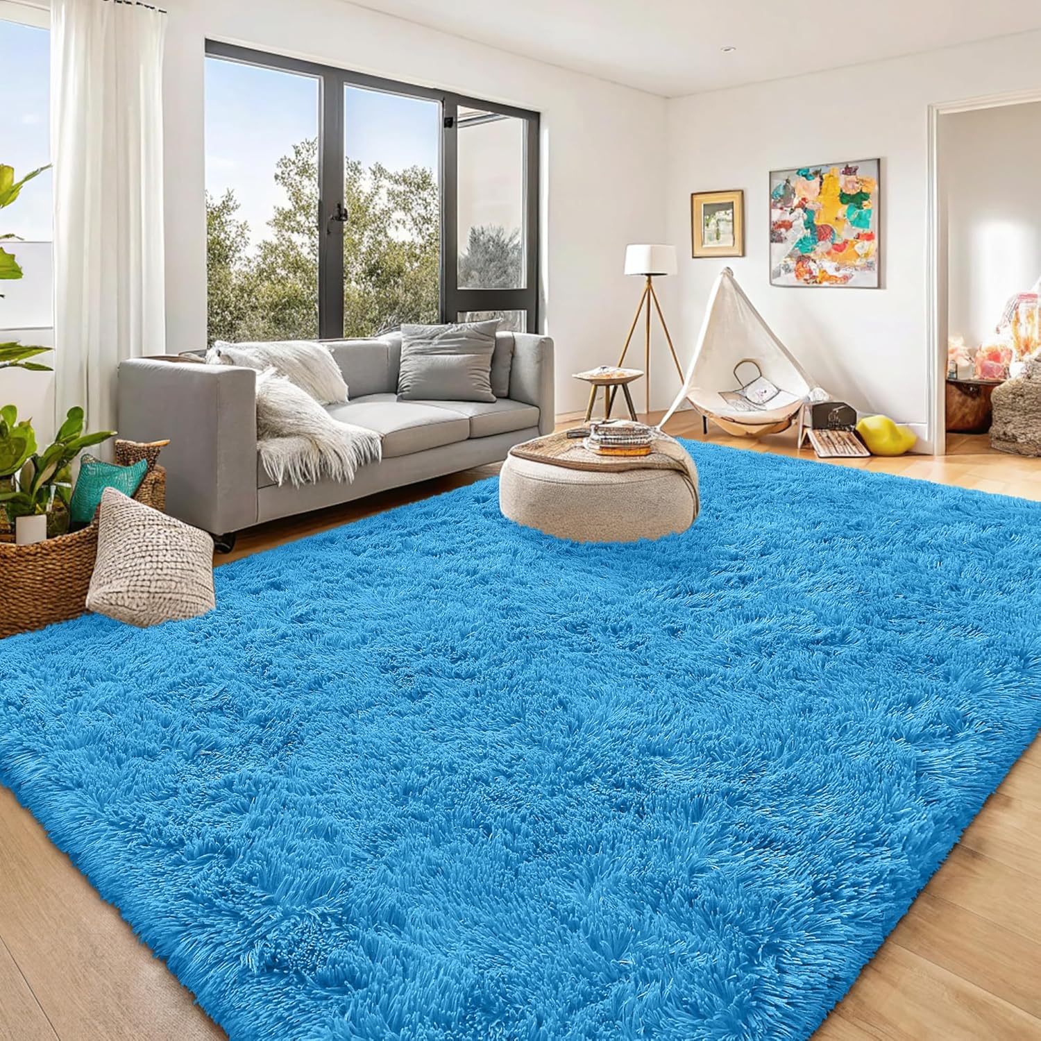OLANLY Large Area Rug - Soft Fluffy Shaggy Carpet for Living Room & Bedroom | Bright Blue 9x12