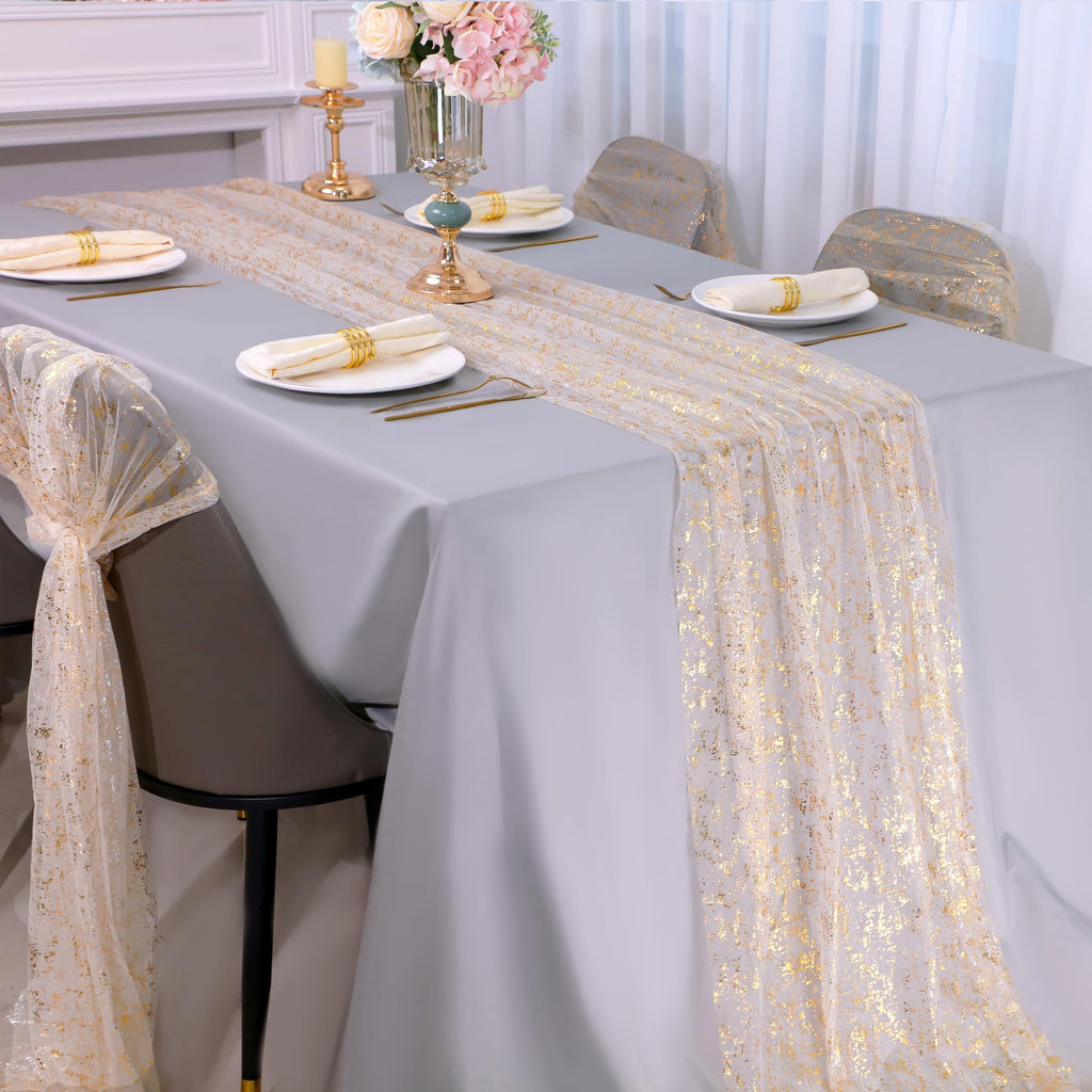 Snowkingdom 3Pcs 10Ft Gold Table Runners, Sheer Gauze Chiffon Cheesecloth Glitter Golden Metallic Foil, Gold Decorations for Home Party Wedding Birthday Anniversary Fall Thanksgiving Christmas Holiday