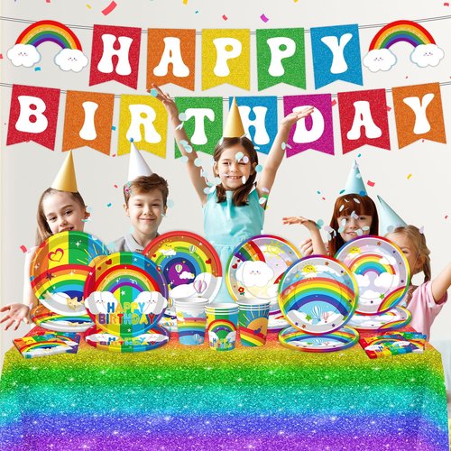 Rainbow Birthday Party Supplies Rainbow Theme Party Decorations for Boy, Include Tablecloth Banner Plate Napkin Cups