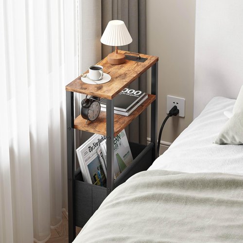IRCPEN Narrow Side Table with Charging Station Slim End Table Sofa with Magazine Rack, Bedside Table for Small Spaces, 3 Tier Nightstand for Living Room Couch, Bedroom Rustic Brown LET503RE