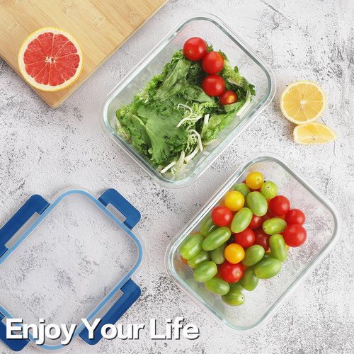 8 Pack 36oz Large Glass Meal Prep Containers with lids, Glass Food Storage Containers with Leak Proof Snap Lock Lids , Airtight Bento lunch Boxes, Kitchen Storage, Oven and Dishwasher Safe-Deep Blue