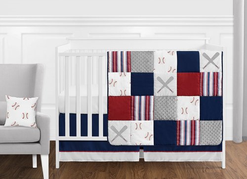 Sweet Jojo Designs 11-Piece Baby Crib Bedding Set (Baseball Patch Sports) for Boys, Infants/Nursery incl. Blanket, Fitted Sheet, Skirt, Diaper Stacker & Pillow (Red White & Blue, Americana, Patchwork)