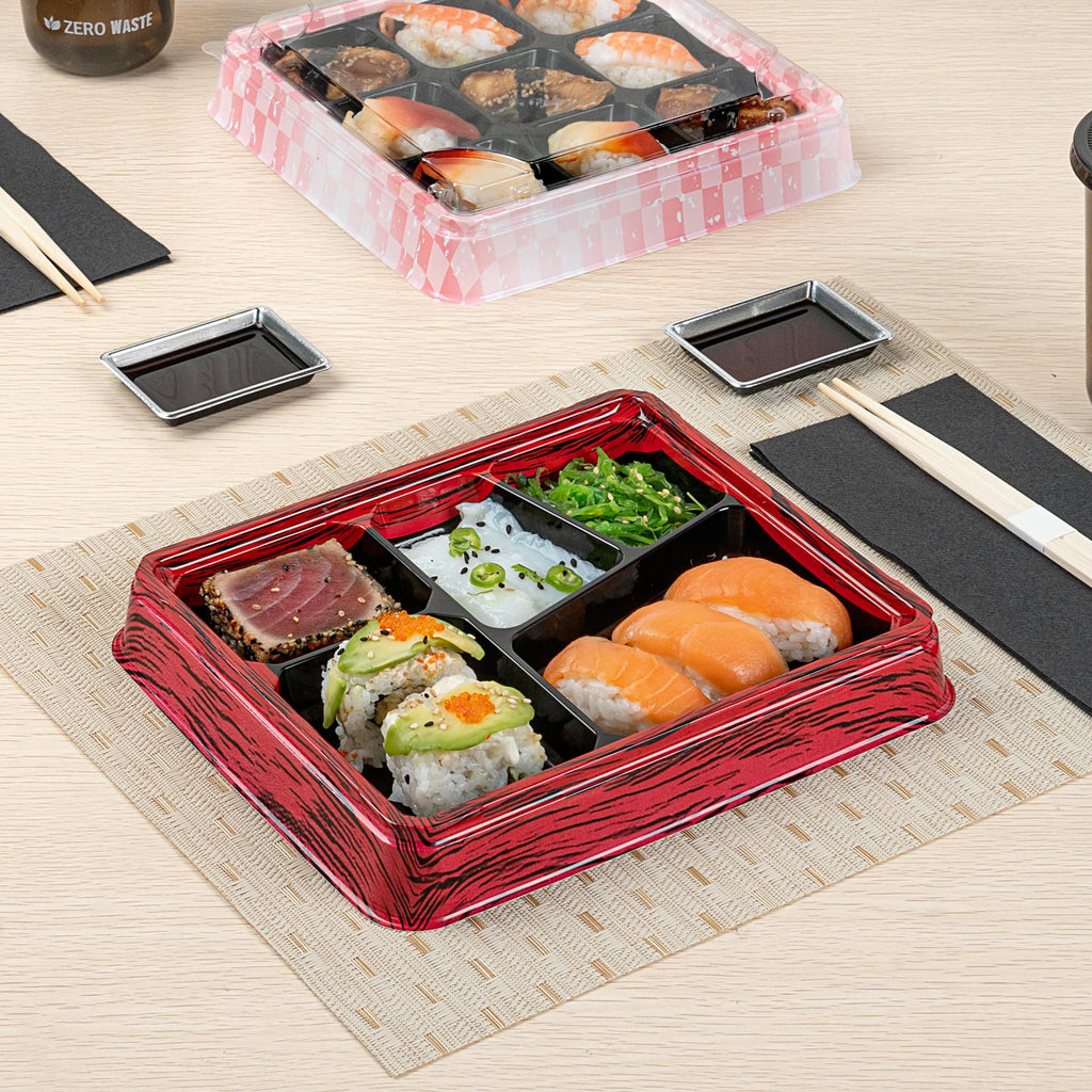Restaurantware-Bento Tek 18.3 Ounce Meal Prep Containers, 100 Disposable To Go Food Boxes - Lids Sold Separately, 5 Compartments, Red And Black Plastic Bento Lunch Boxes, Freezable, For Take Out