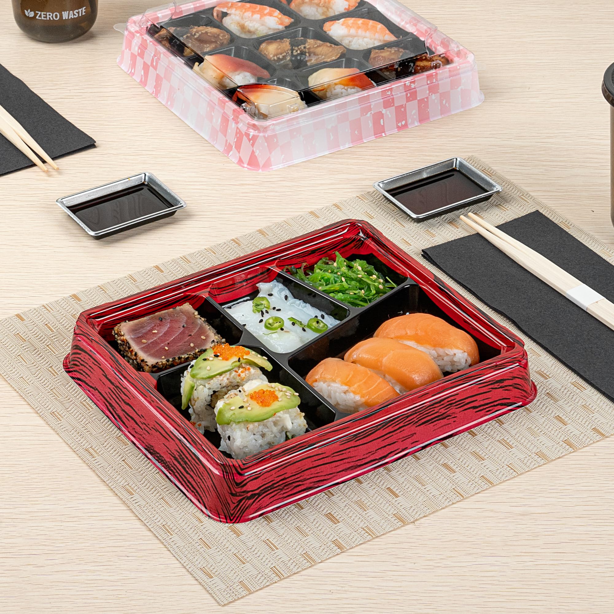 Restaurantware-Bento Tek 18.3 Ounce Meal Prep Containers, 100 Disposable To Go Food Boxes - Lids Sold Separately, 5 Compartments, Red And Black Plastic Bento Lunch Boxes, Freezable, For Take Out