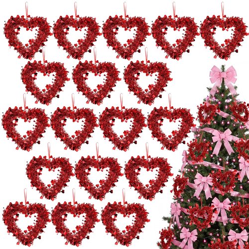 Lyrow 12 Pcs Red Valentine Heart Tree Ornaments Valentine Heart Wreaths Tinsel Hanging Love Decorations Romantic Tree Ornaments for Wedding Window Home Wall