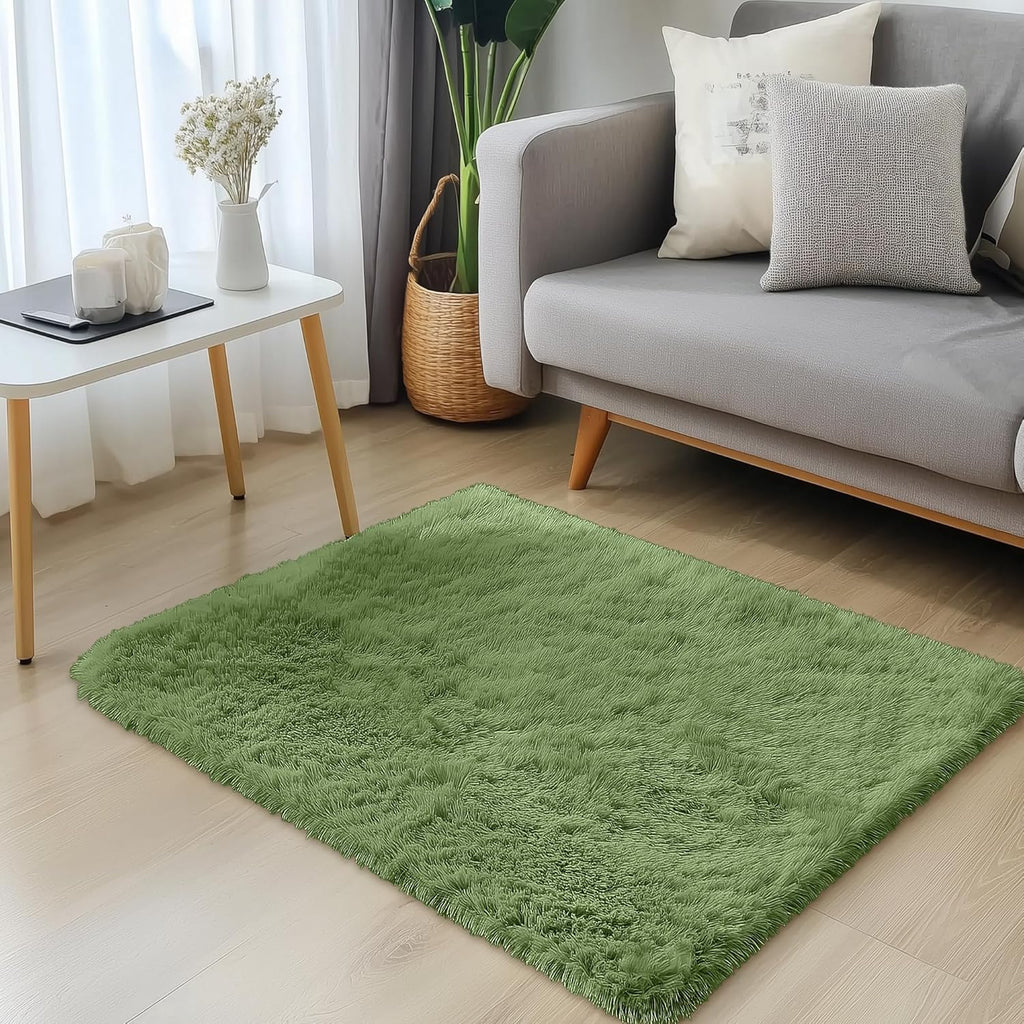 OLANLY Small Bedside Rug - Soft Fluffy Shaggy Throw Rug for Bedroom & Living Room | Green, Machine Washable