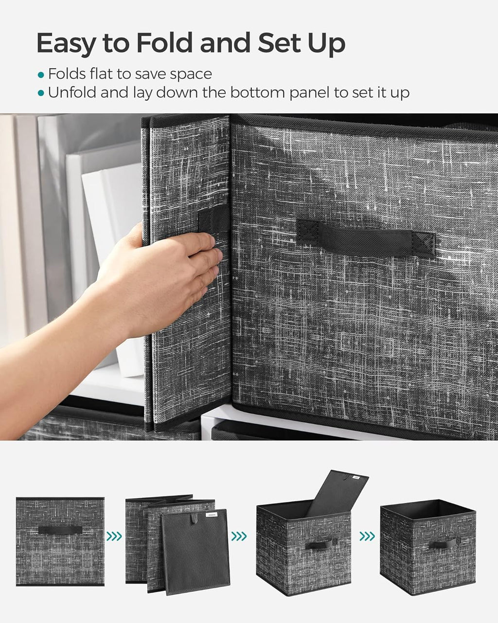 SONGMICS Storage Cubes - 11.8-Inch Foldable Non-Woven Fabric Bins with Double Handles - Set of 6, Classic Black