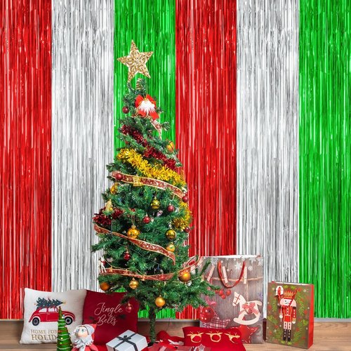 2 Pack Metallic Christmas Backdrop | Red, Silver & Green Streamer Curtains - 3.28 FT x 7.05 FT