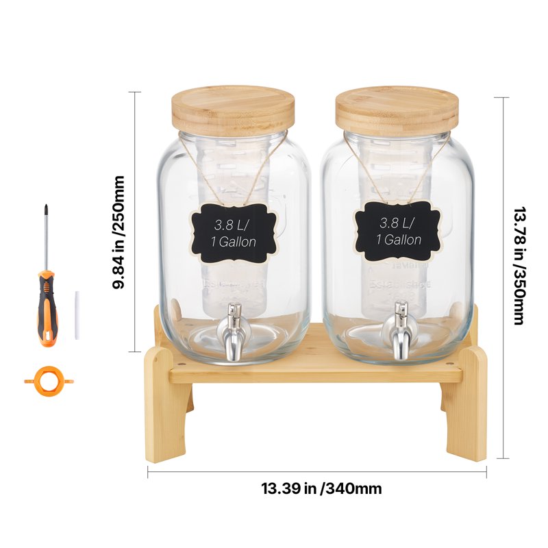 2 Pack 1 Gallon Glass Beverage Dispenser with Wooden Stand & Spigot